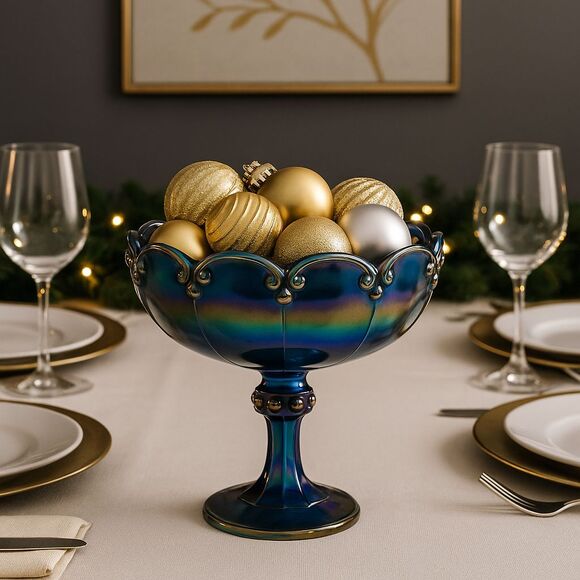 Vintage Indiana Glass Blue Carnival Glass Footed Compote – Teardrop Garland 8.5" - Picture 2 of 9